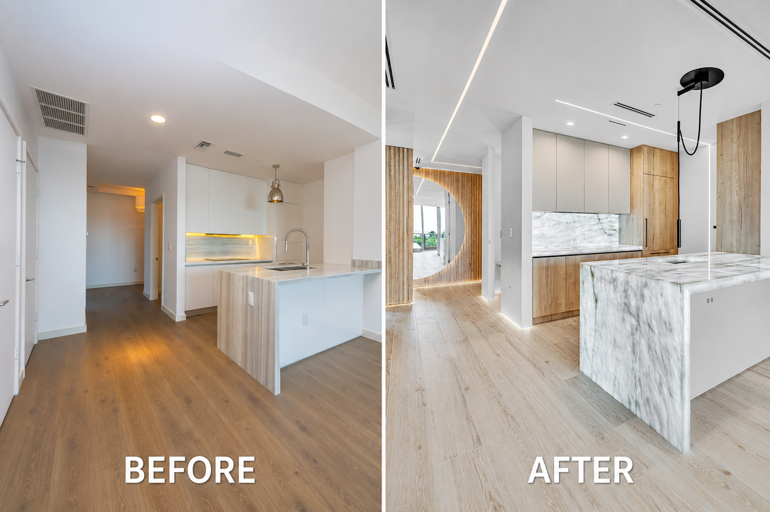 Antes e depois da transformação de remodelação residencial de luxo em Miami